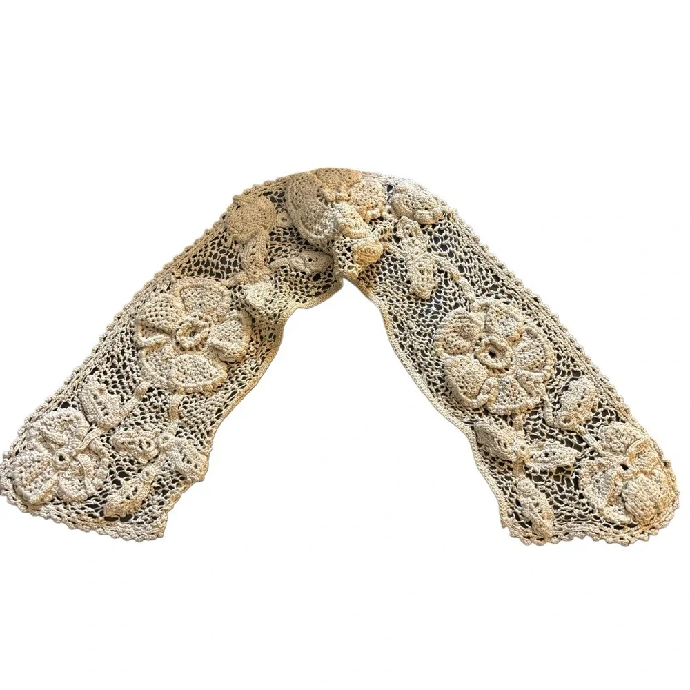 Ivory Knit Gloves Floral Bead Detail Handmade Irish Crochet Lace Collar Vtg‎ 50s